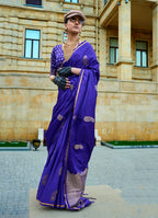 Monjolika Fashion Royal Blue Colour Satin Handloom Silk Festival Saree | Grocsy