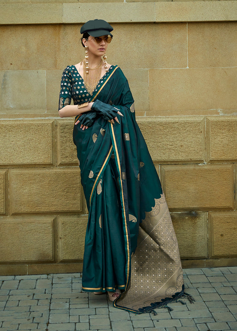 Monjolika Fashion Dark Green Colour Satin Handloom Silk Festival Saree | Grocsy
