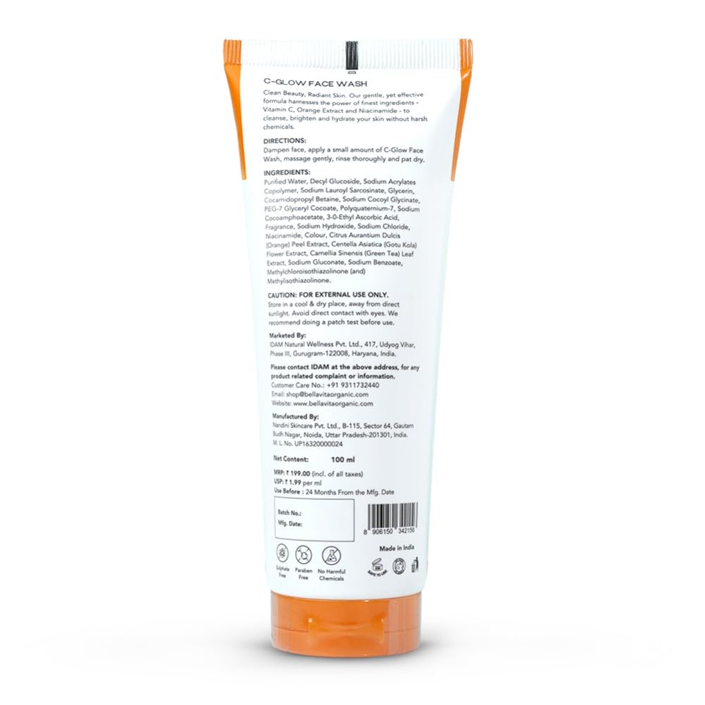 Bella Vita C-Glow Vitamin C Face Wash Brightening Formula for Men and Women,100 ml | Grocsy