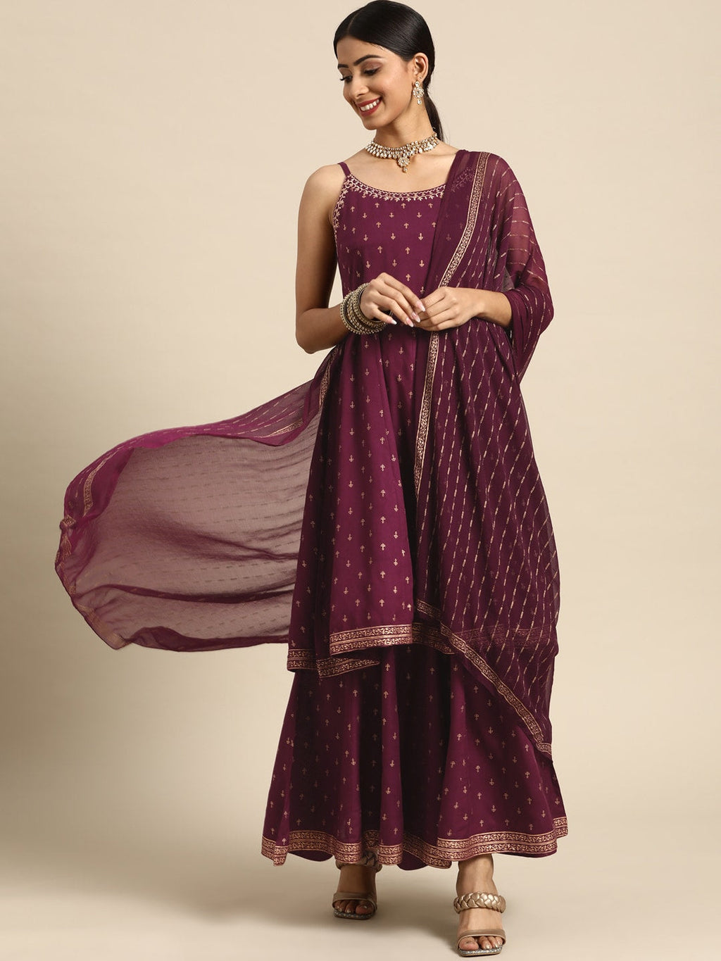 Sangria Women Burgundy & Golden Ethnic Motifs Printed Kurta with Sharara & Dupatta | Grocsy