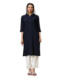 Juniper Women's Navy Blue Solid Modal Rayon Straight Kurta With Half Placket At Front | Grocsy