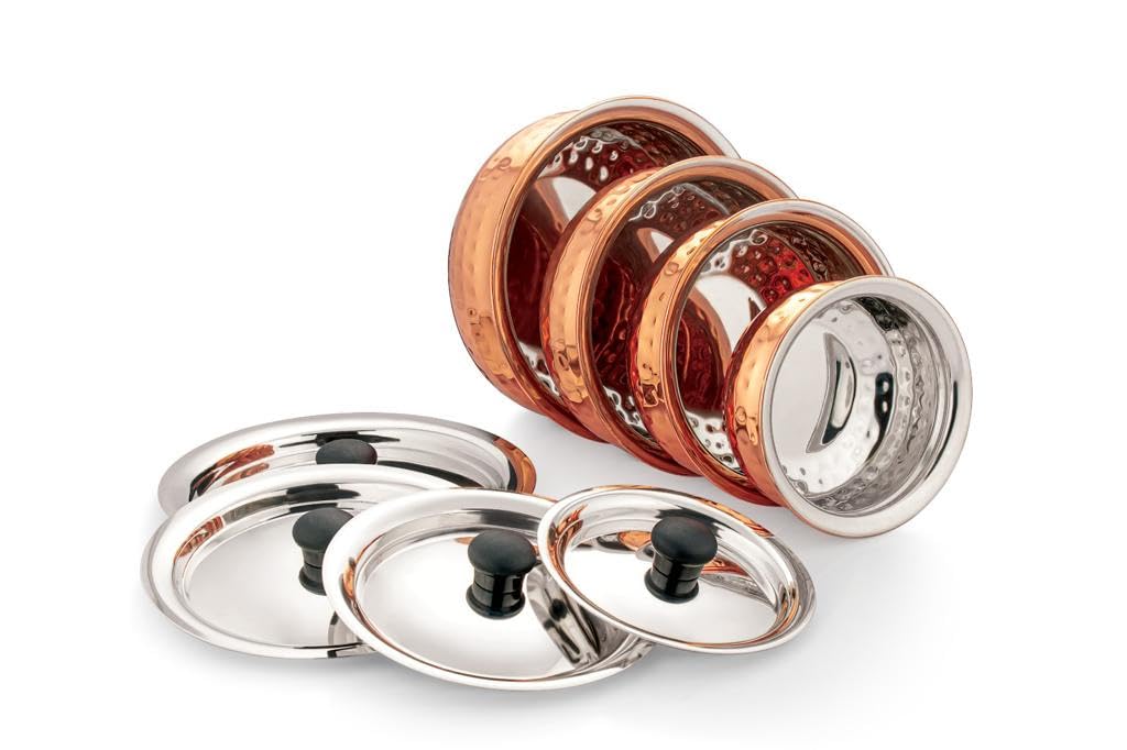 Dynore Stainless Steel Copper Plated Hammered Finish Handi Set with SS lid- Set of 4 | Grocsy