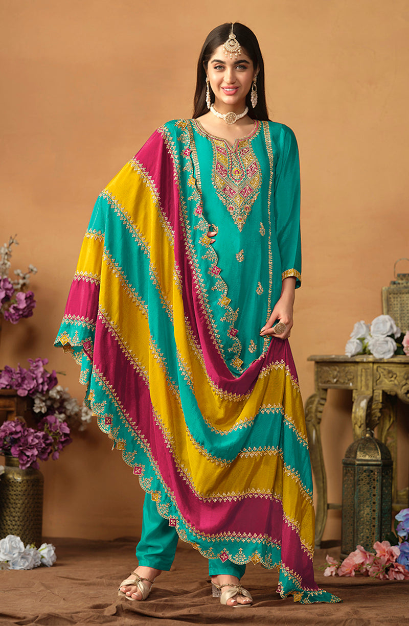 Monjolika Fashion Faux Georgette Embroidered Trendy Salwar Suit In Turquoise | Grocsy