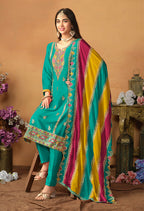 Monjolika Fashion Faux Georgette Embroidered Trendy Salwar Suit In Turquoise | Grocsy