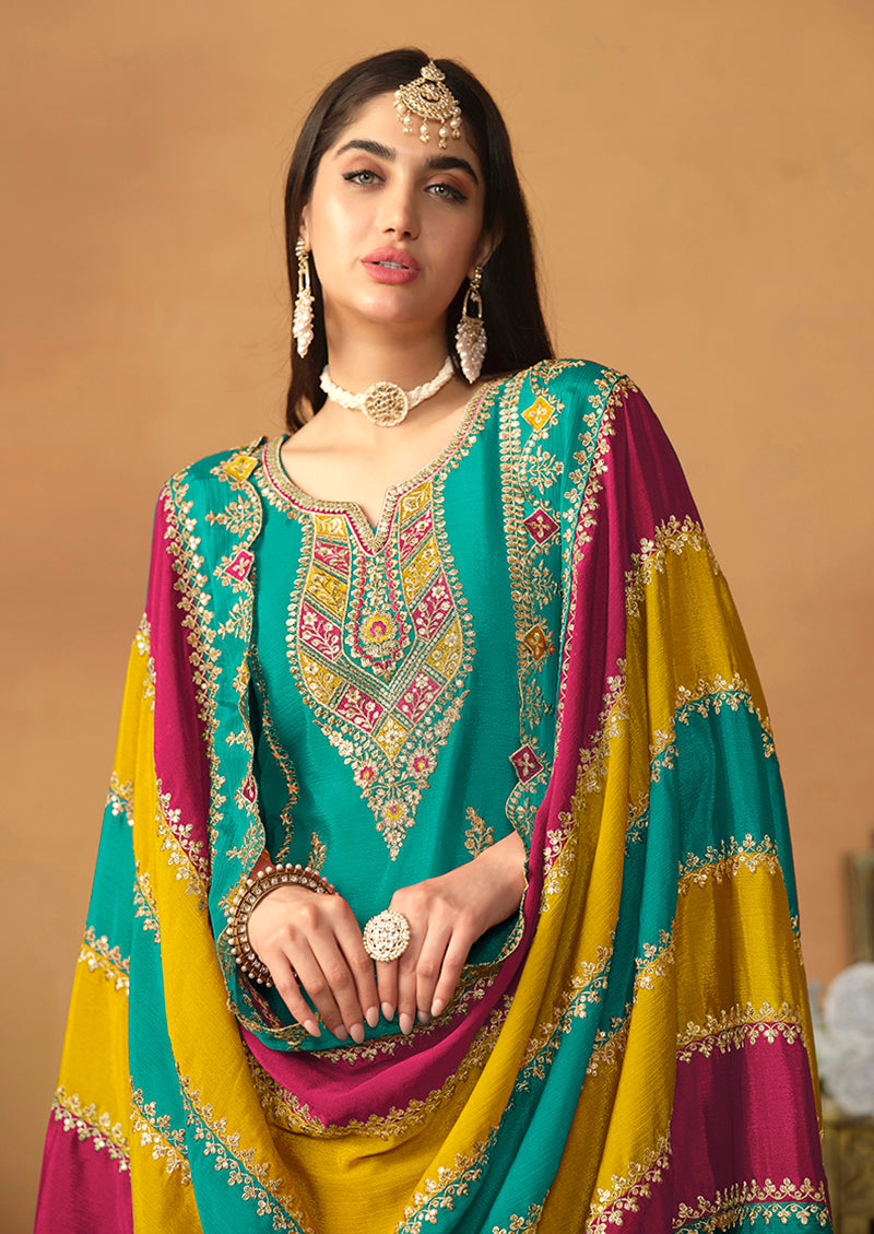 Monjolika Fashion Faux Georgette Embroidered Trendy Salwar Suit In Turquoise | Grocsy
