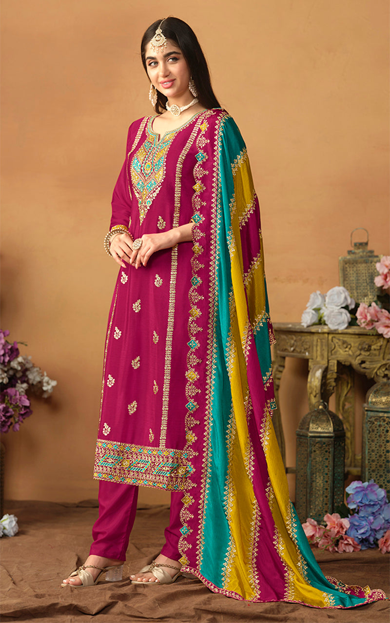 Monjolika Fashion Faux Georgette Embroidered Trendy Salwar Suit In Magenta | Grocsy