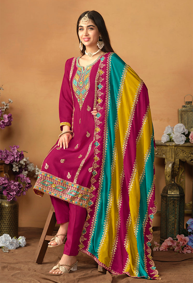 Monjolika Fashion Faux Georgette Embroidered Trendy Salwar Suit In Magenta | Grocsy