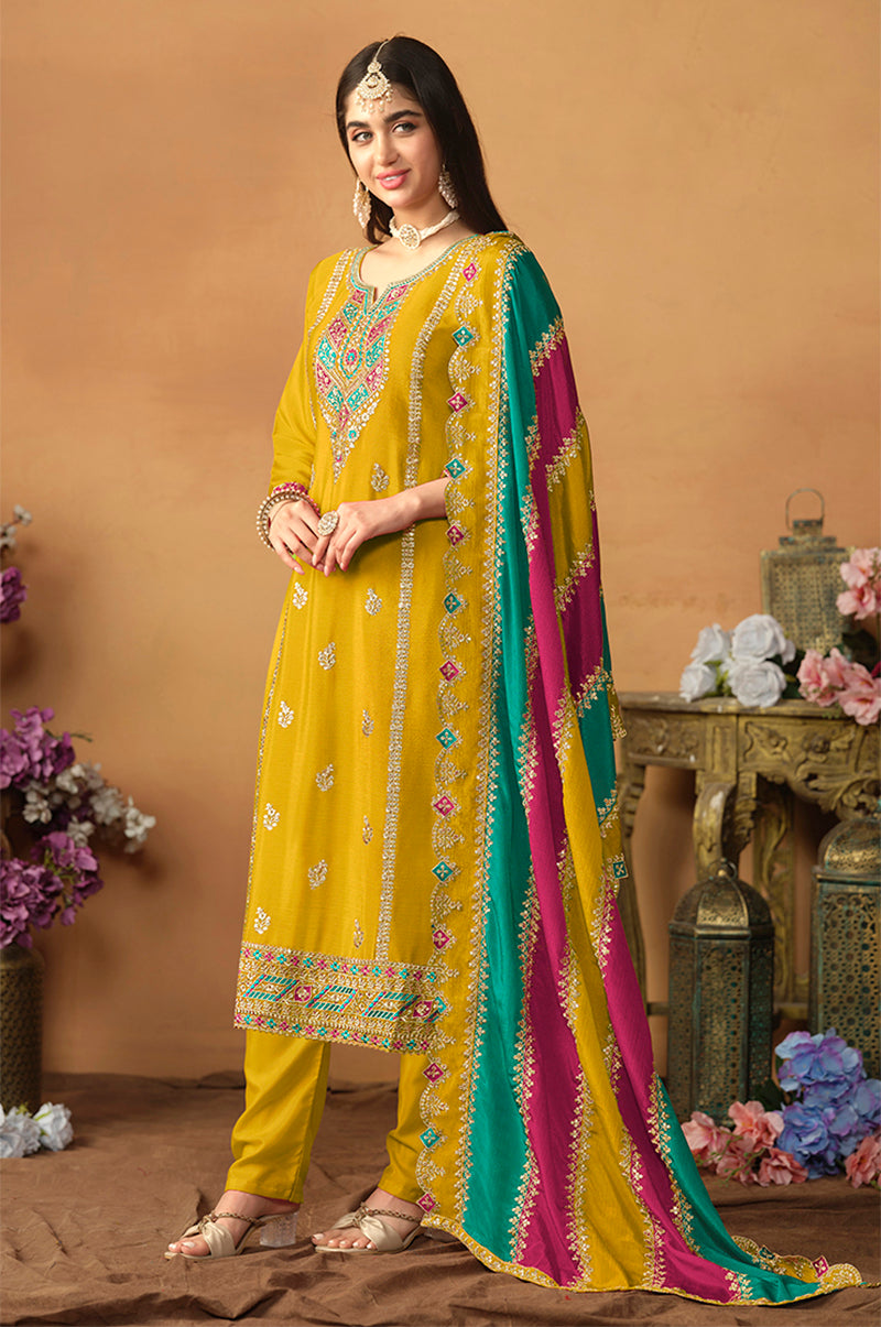 Monjolika Fashion Faux Georgette Embroidered Trendy Salwar Suit In Mustard | Grocsy