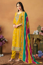 Monjolika Fashion Faux Georgette Embroidered Trendy Salwar Suit In Mustard | Grocsy