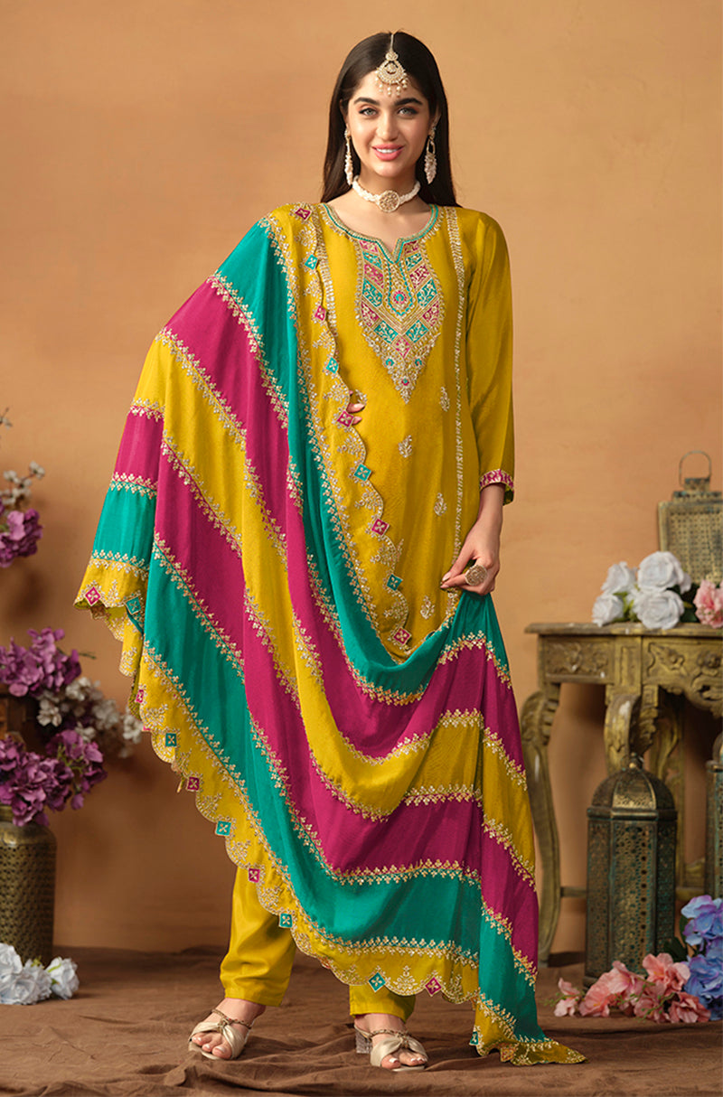 Monjolika Fashion Faux Georgette Embroidered Trendy Salwar Suit In Mustard | Grocsy