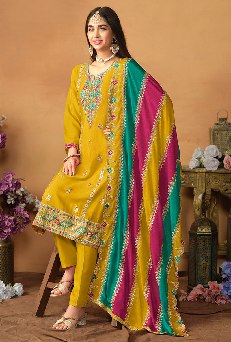 Monjolika Fashion Faux Georgette Embroidered Trendy Salwar Suit In Mustard | Grocsy