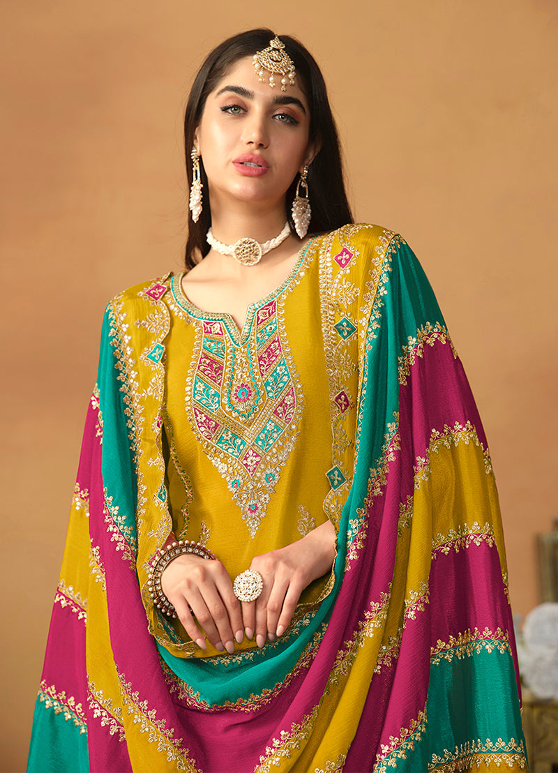 Monjolika Fashion Faux Georgette Embroidered Trendy Salwar Suit In Mustard | Grocsy