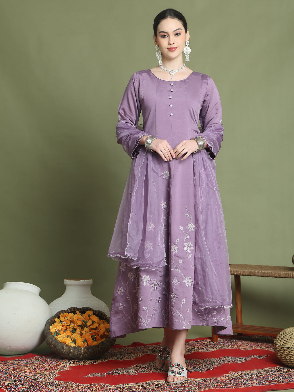 Stylee Lifestyle Purple Muslin Embroidered Gown Style | Grocsy