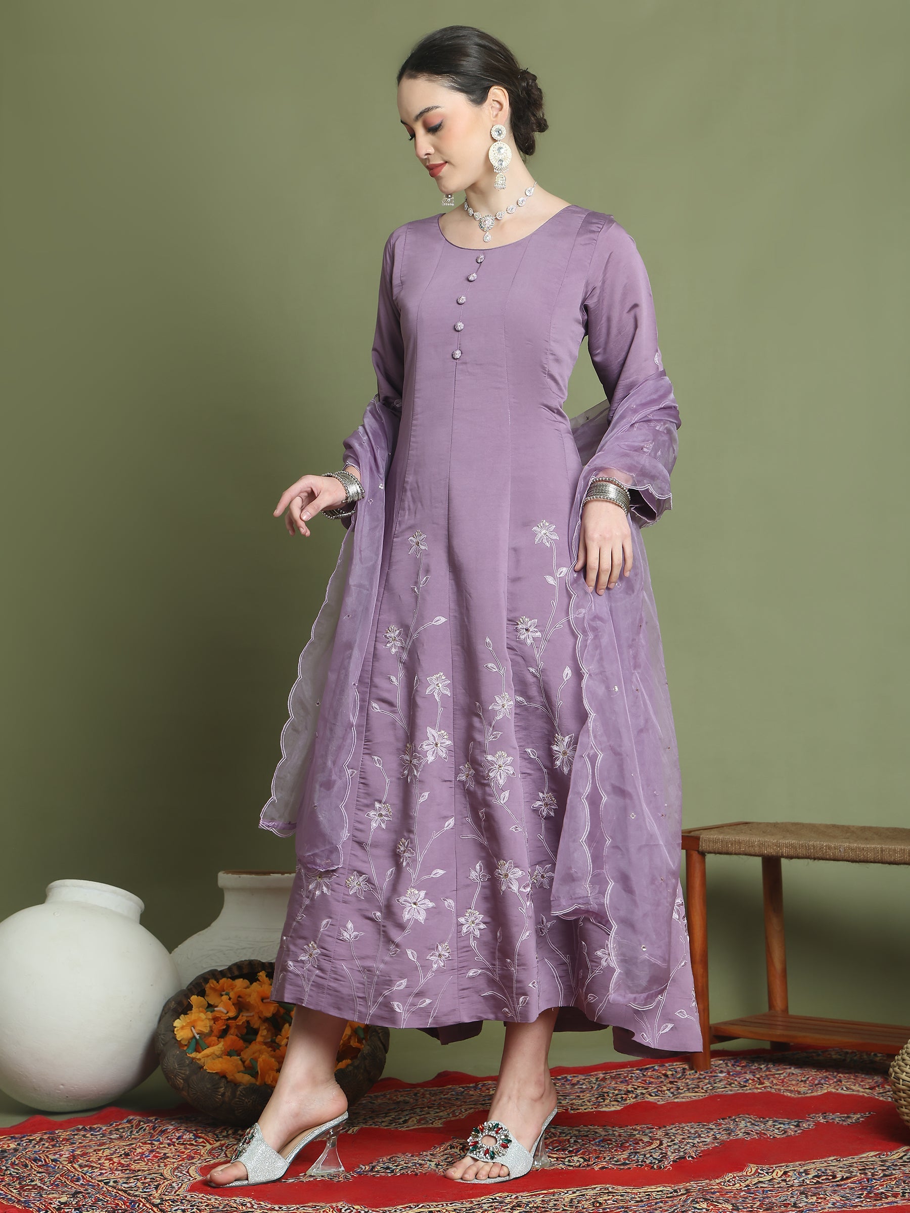 Stylee Lifestyle Purple Muslin Embroidered Gown Style | Grocsy