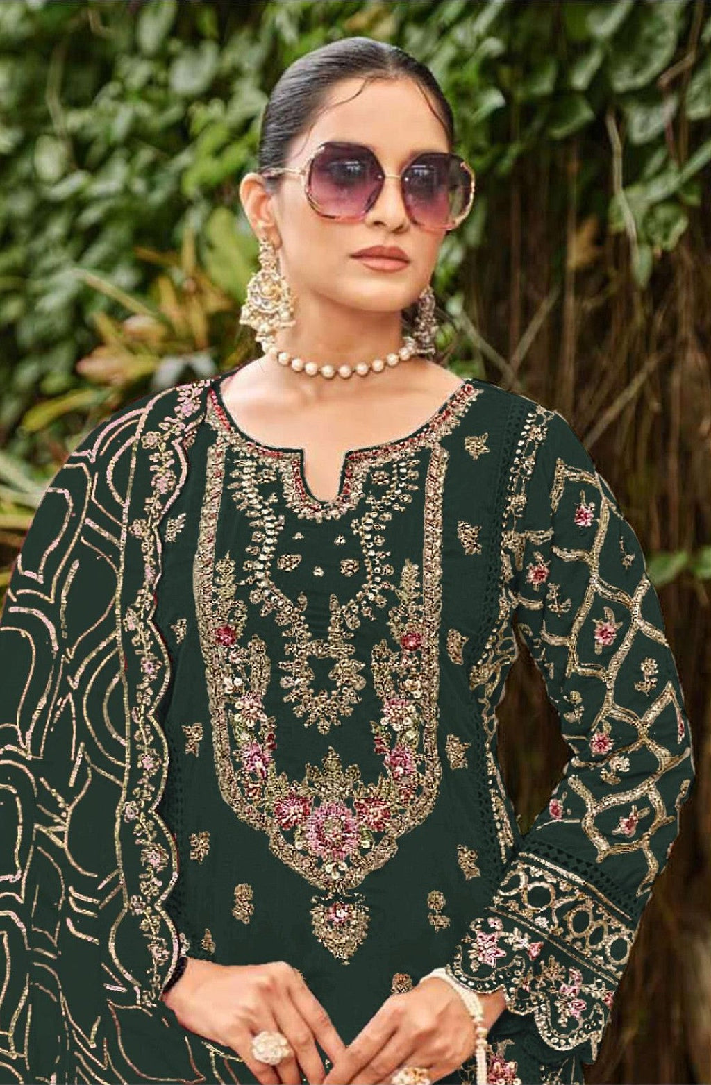 Anaita D Green Faux Georgette Suit with Embroidery & Sequence Work | Grocsy