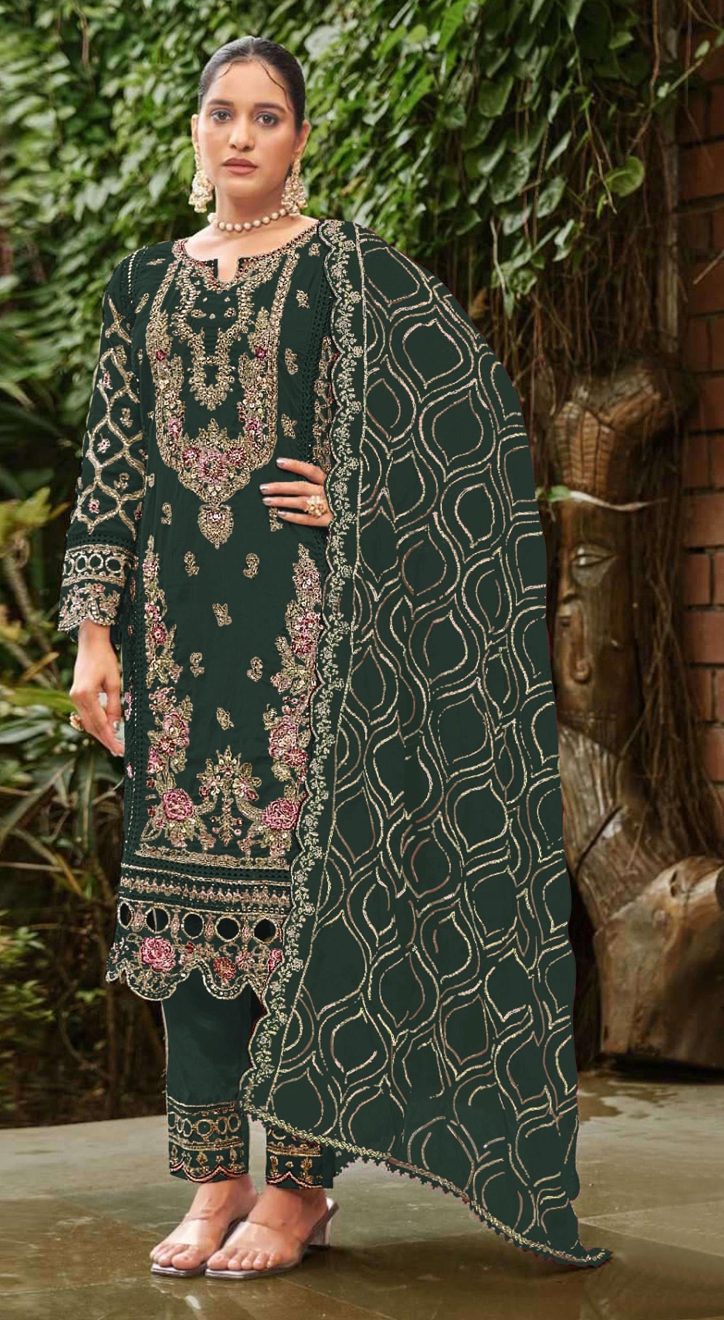 Anaita D Green Faux Georgette Suit with Embroidery & Sequence Work | Grocsy