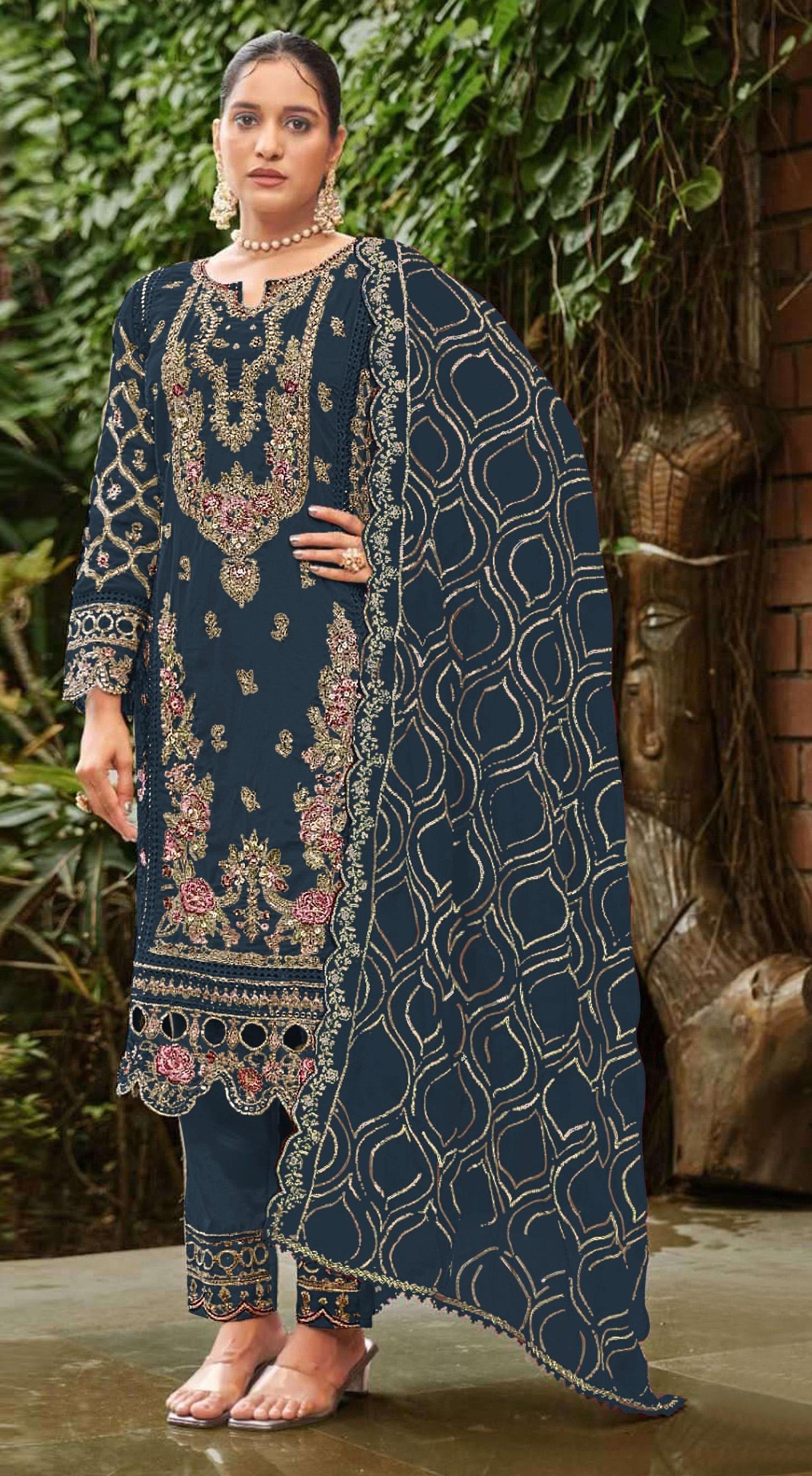 Anaita Navy Faux Georgette Suit with Embroidery & Sequence Work | Grocsy