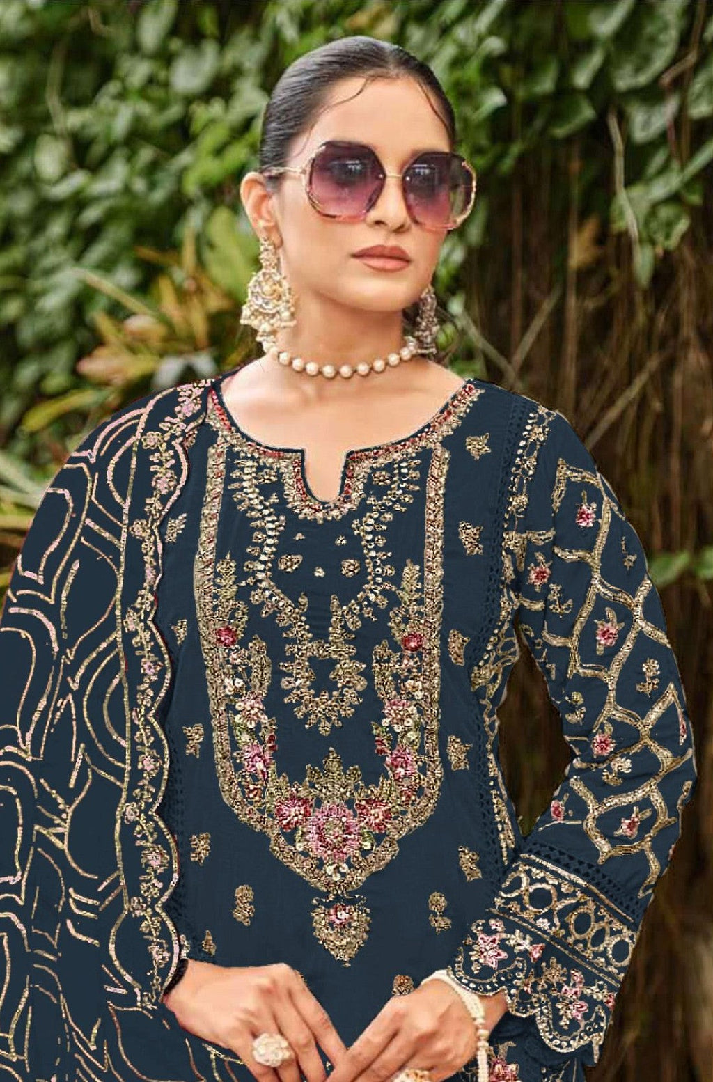 Anaita Navy Faux Georgette Suit with Embroidery & Sequence Work | Grocsy