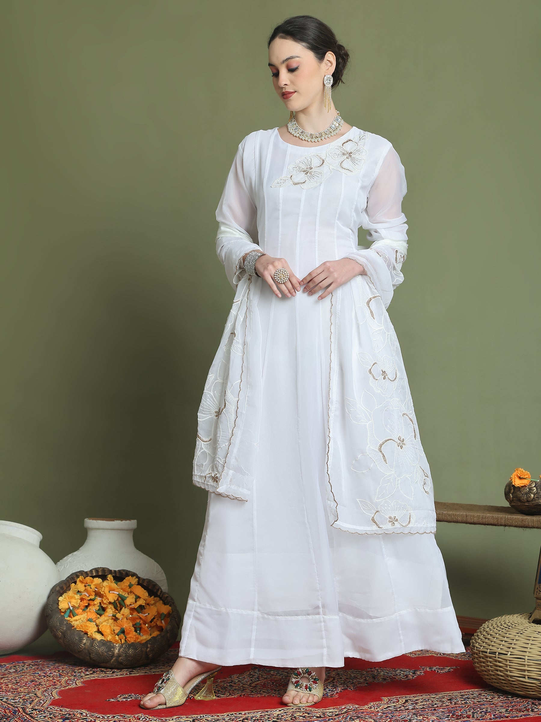 Stylee Lifestyle Off White Organza Embroidered Gown Style | Grocsy