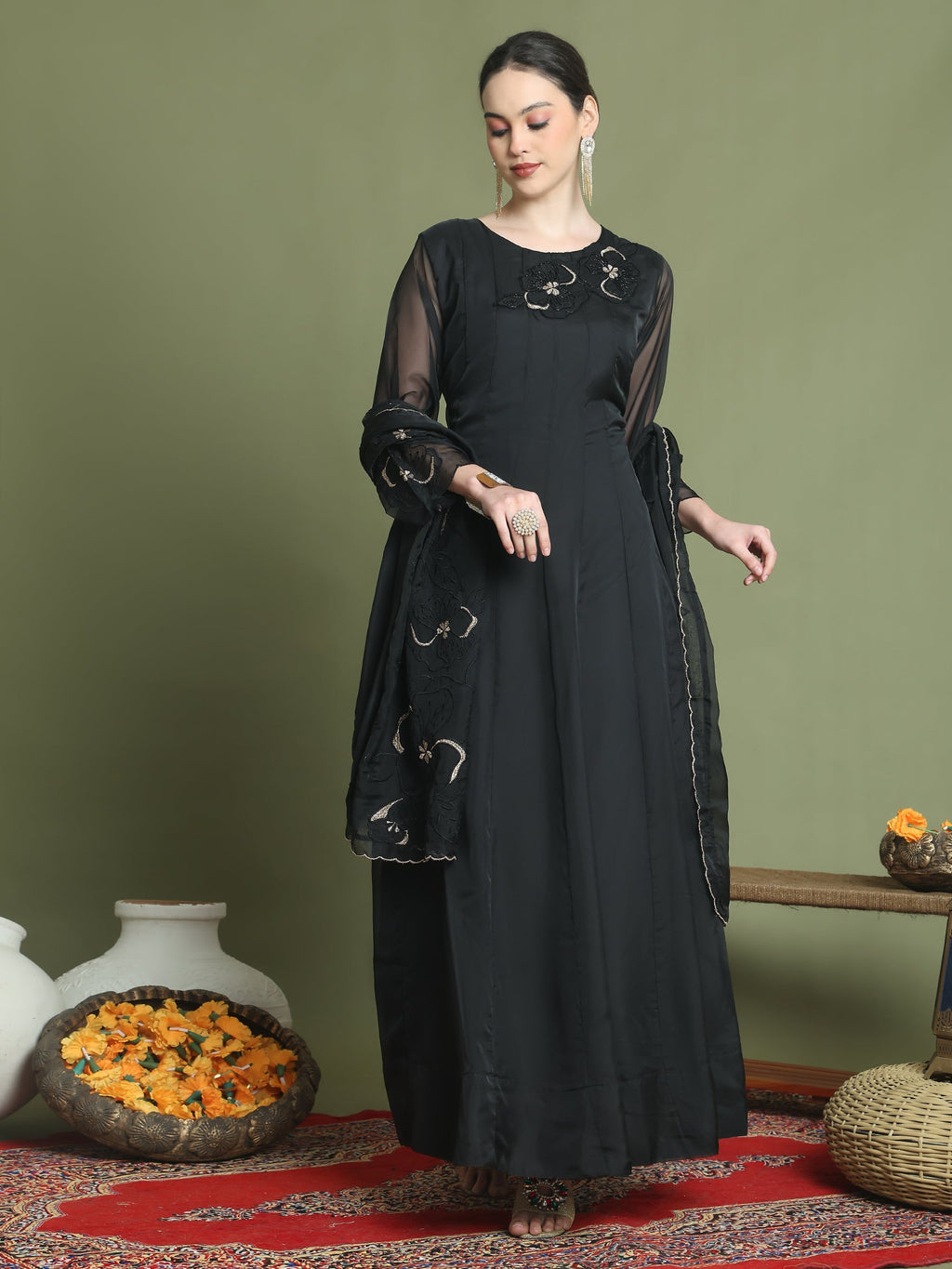 Stylee Lifestyle Black Organza Embroidered Gown Style | Grocsy