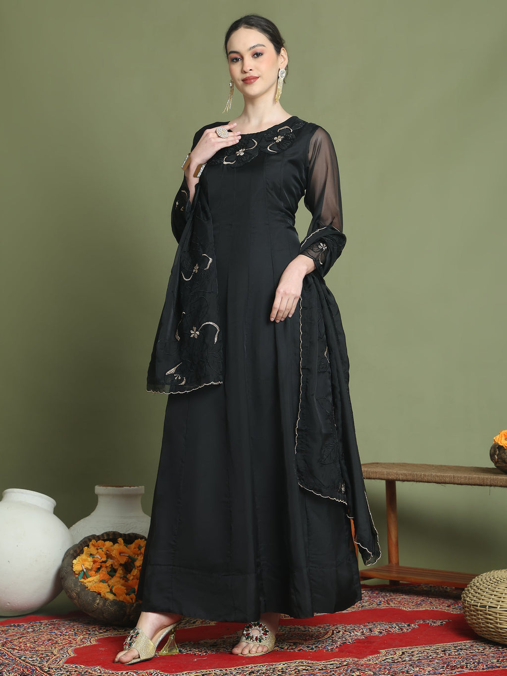 Stylee Lifestyle Black Organza Embroidered Gown Style | Grocsy