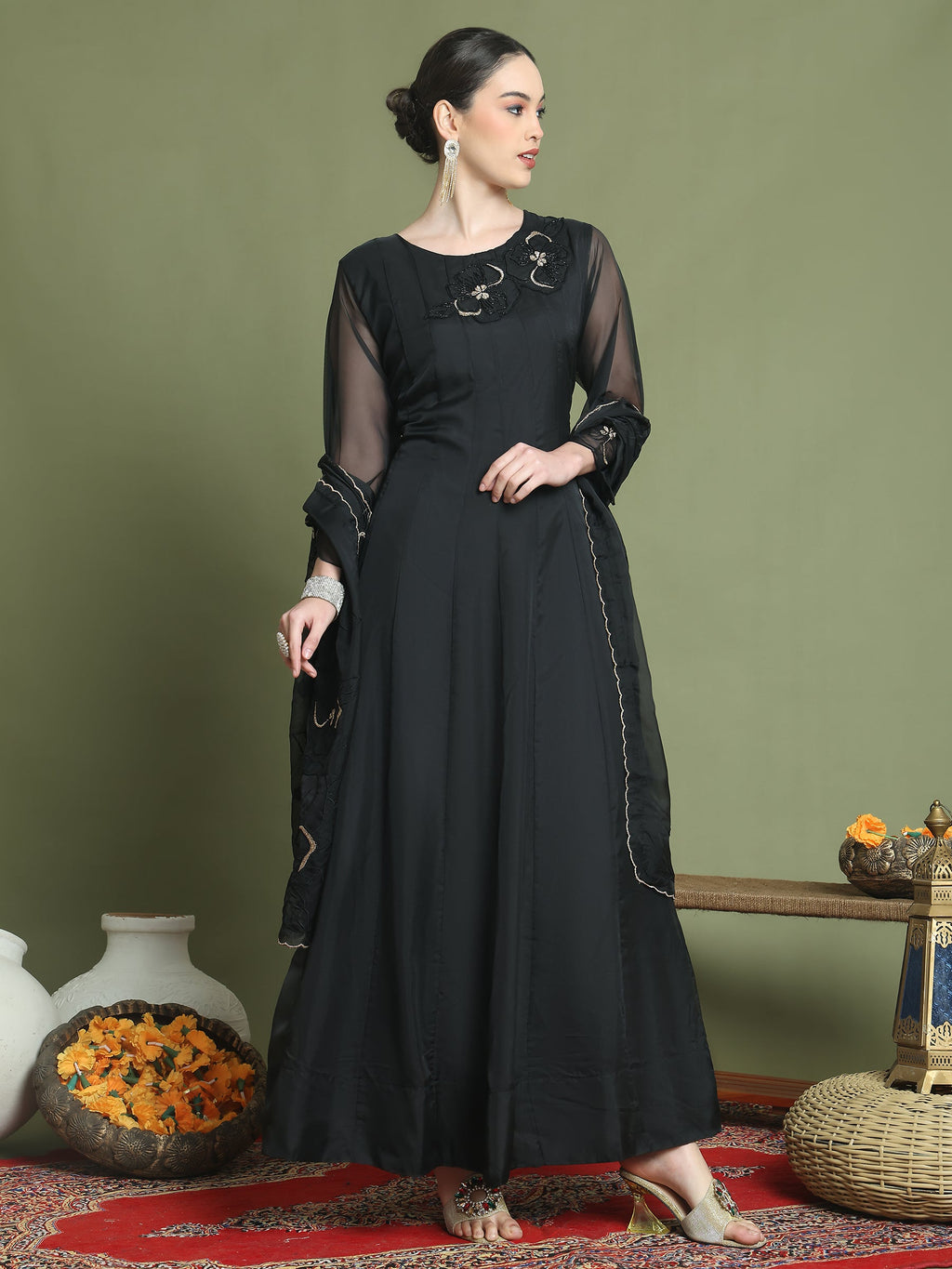 Stylee Lifestyle Black Organza Embroidered Gown Style | Grocsy