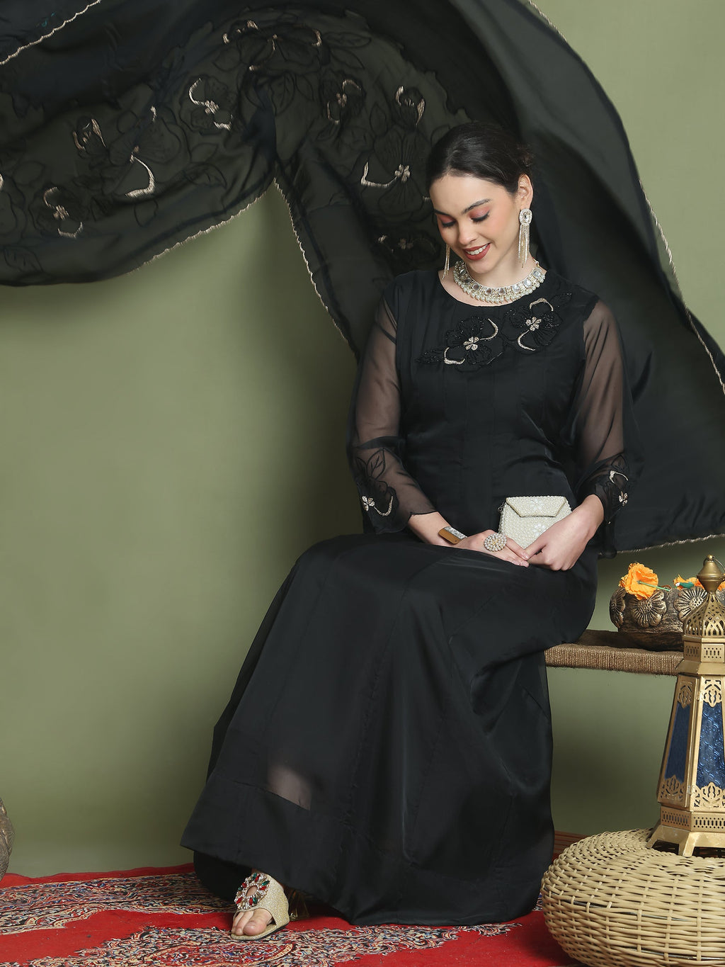 Stylee Lifestyle Black Organza Embroidered Gown Style | Grocsy