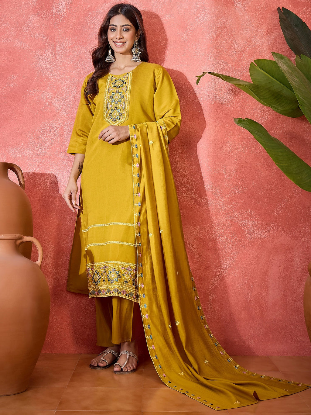 Joban Fashion Mustard Silk Embroidery Readymade Kurta Set | Grocsy