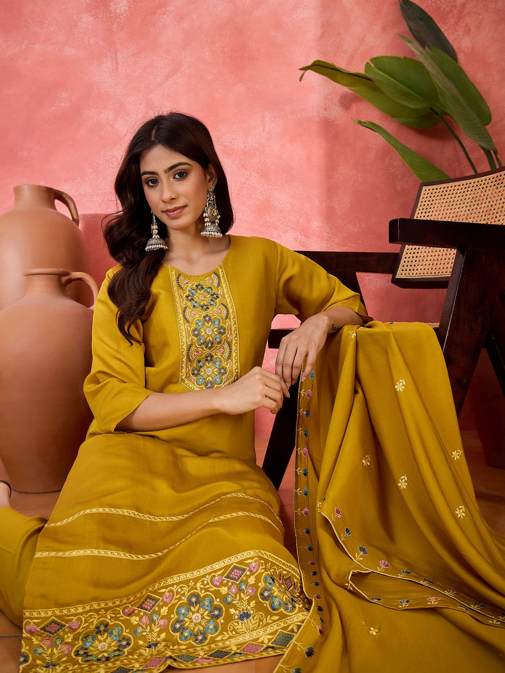 Joban Fashion Mustard Silk Embroidery Readymade Kurta Set | Grocsy