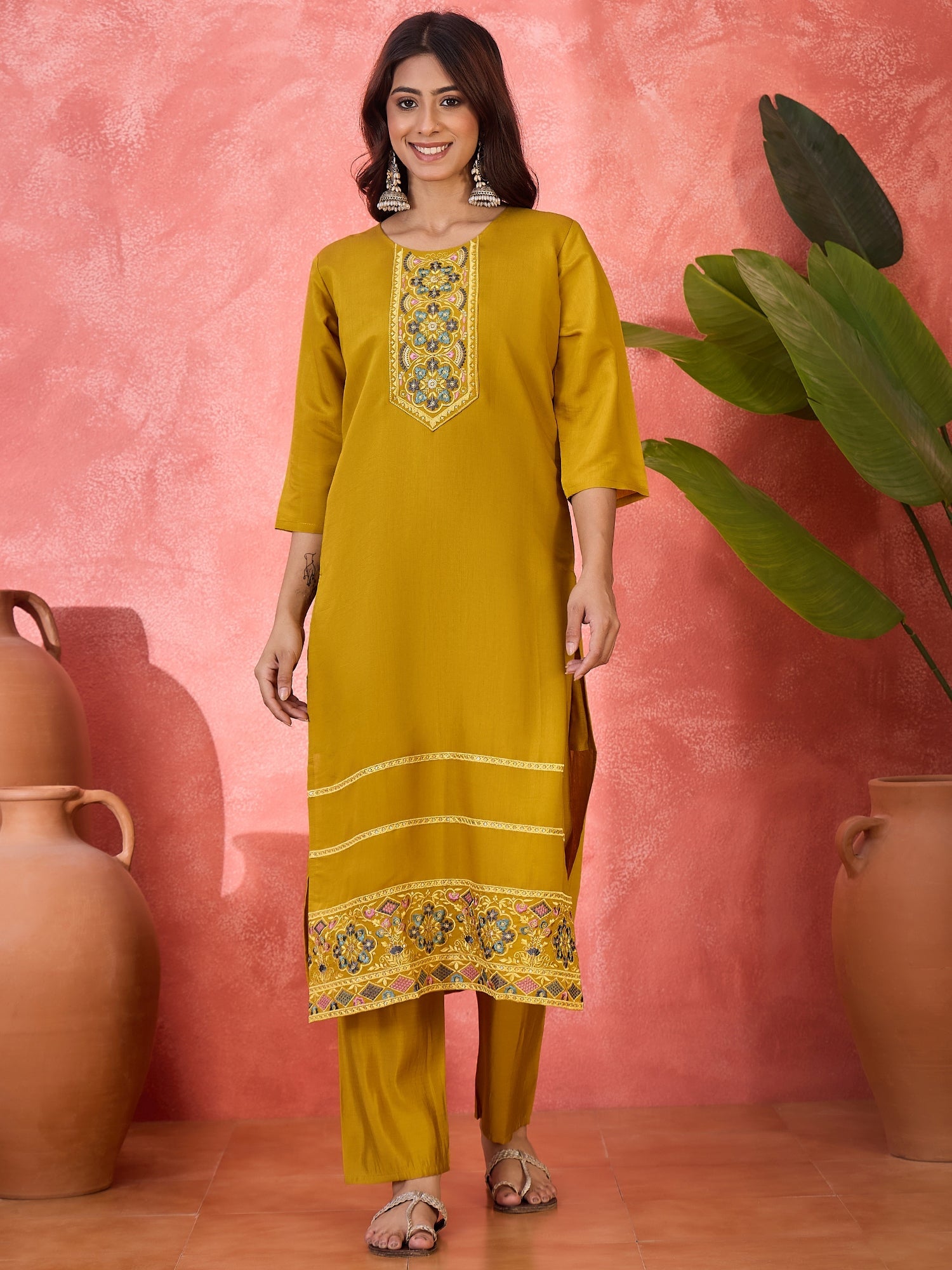 Joban Fashion Mustard Silk Embroidery Readymade Kurta Set | Grocsy