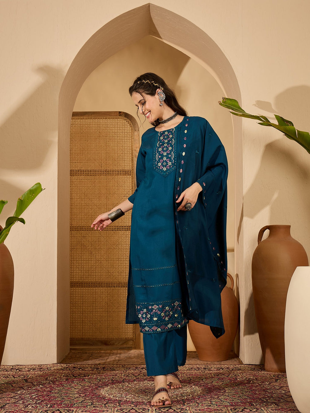 Joban Fashion Teal Silk Embroidery Readymade Kurta Set | Grocsy
