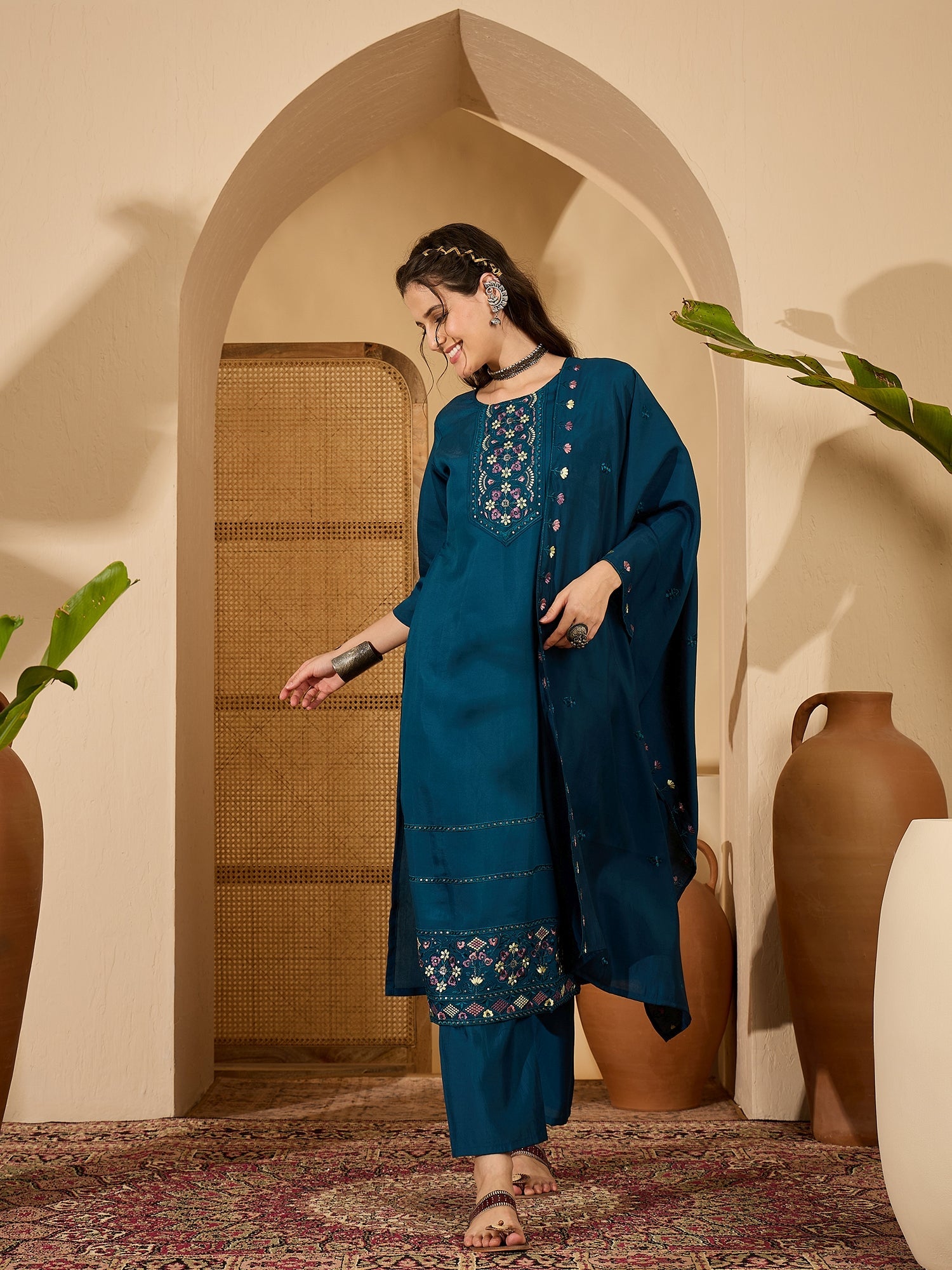 Joban Fashion Teal Silk Embroidery Readymade Kurta Set | Grocsy