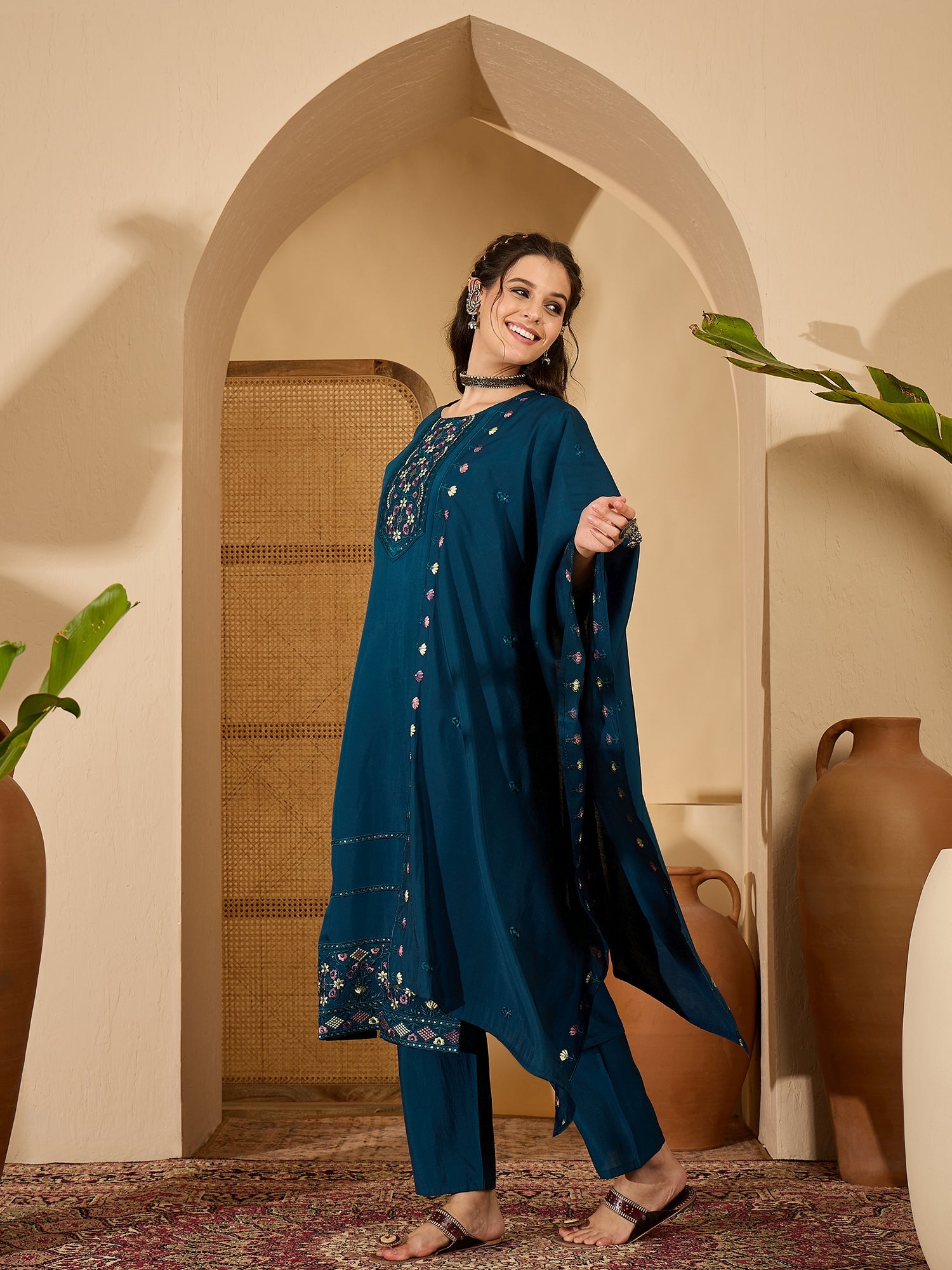 Joban Fashion Teal Silk Embroidery Readymade Kurta Set | Grocsy