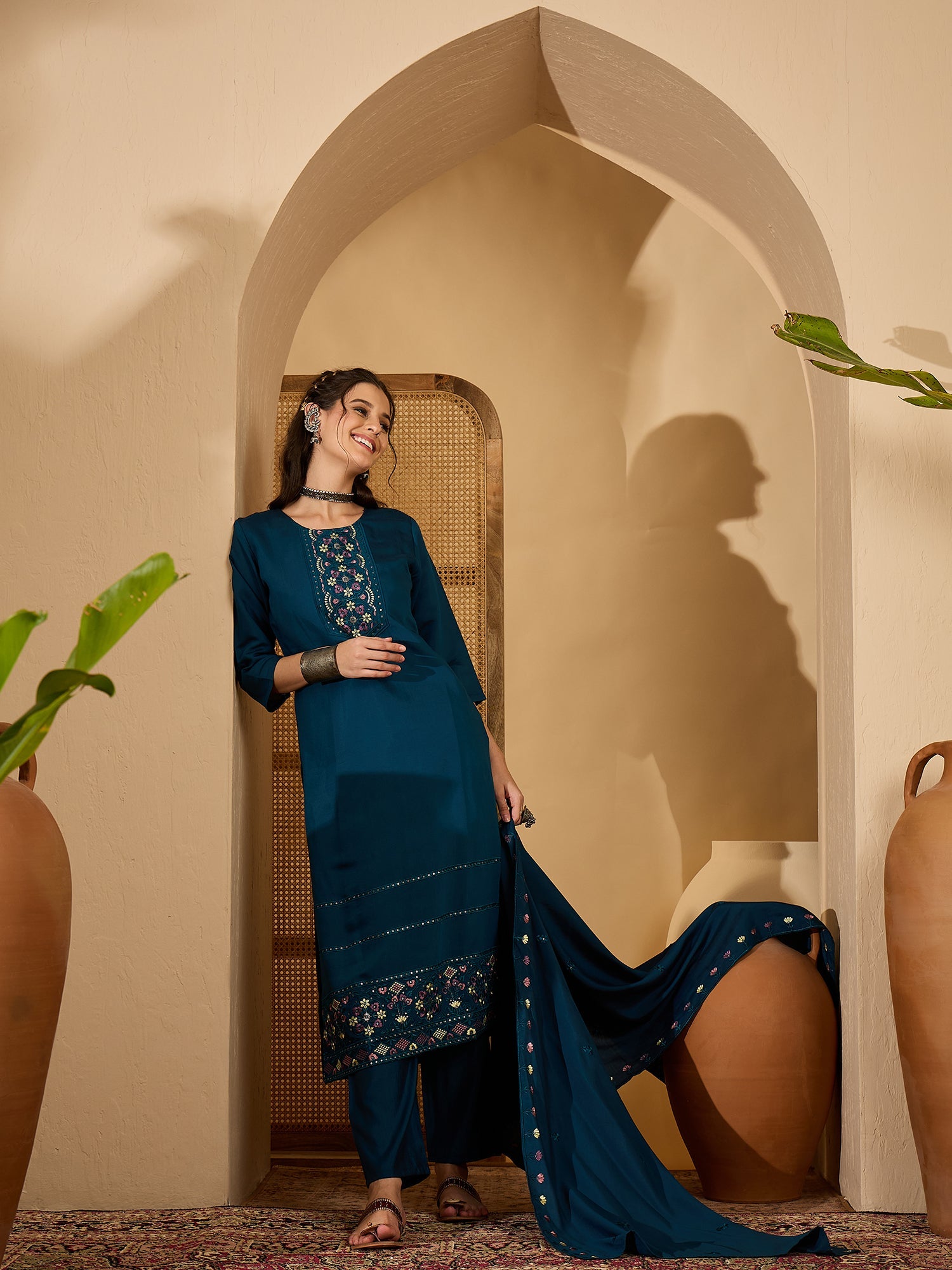 Joban Fashion Teal Silk Embroidery Readymade Kurta Set | Grocsy