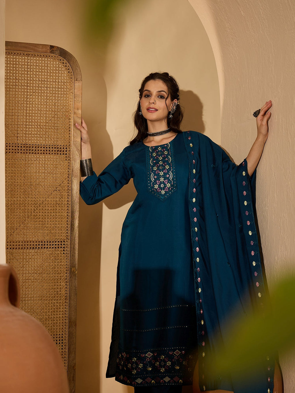 Joban Fashion Teal Silk Embroidery Readymade Kurta Set | Grocsy
