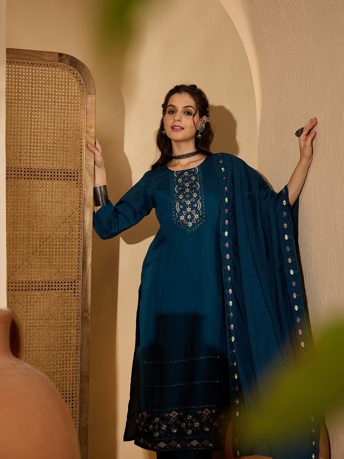 Joban Fashion Teal Silk Embroidery Readymade Kurta Set | Grocsy