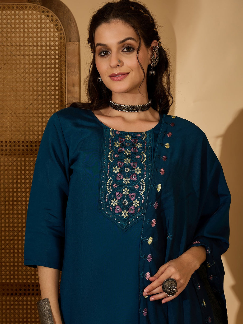 Joban Fashion Teal Silk Embroidery Readymade Kurta Set | Grocsy