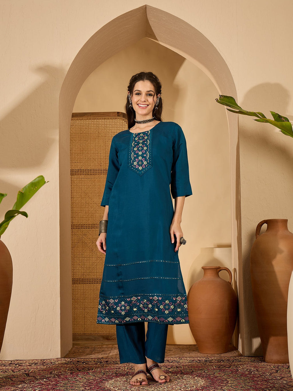 Joban Fashion Teal Silk Embroidery Readymade Kurta Set | Grocsy