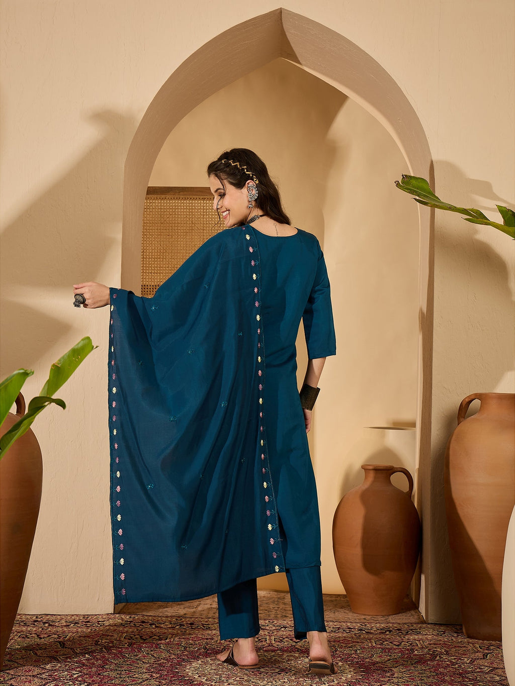 Joban Fashion Teal Silk Embroidery Readymade Kurta Set | Grocsy