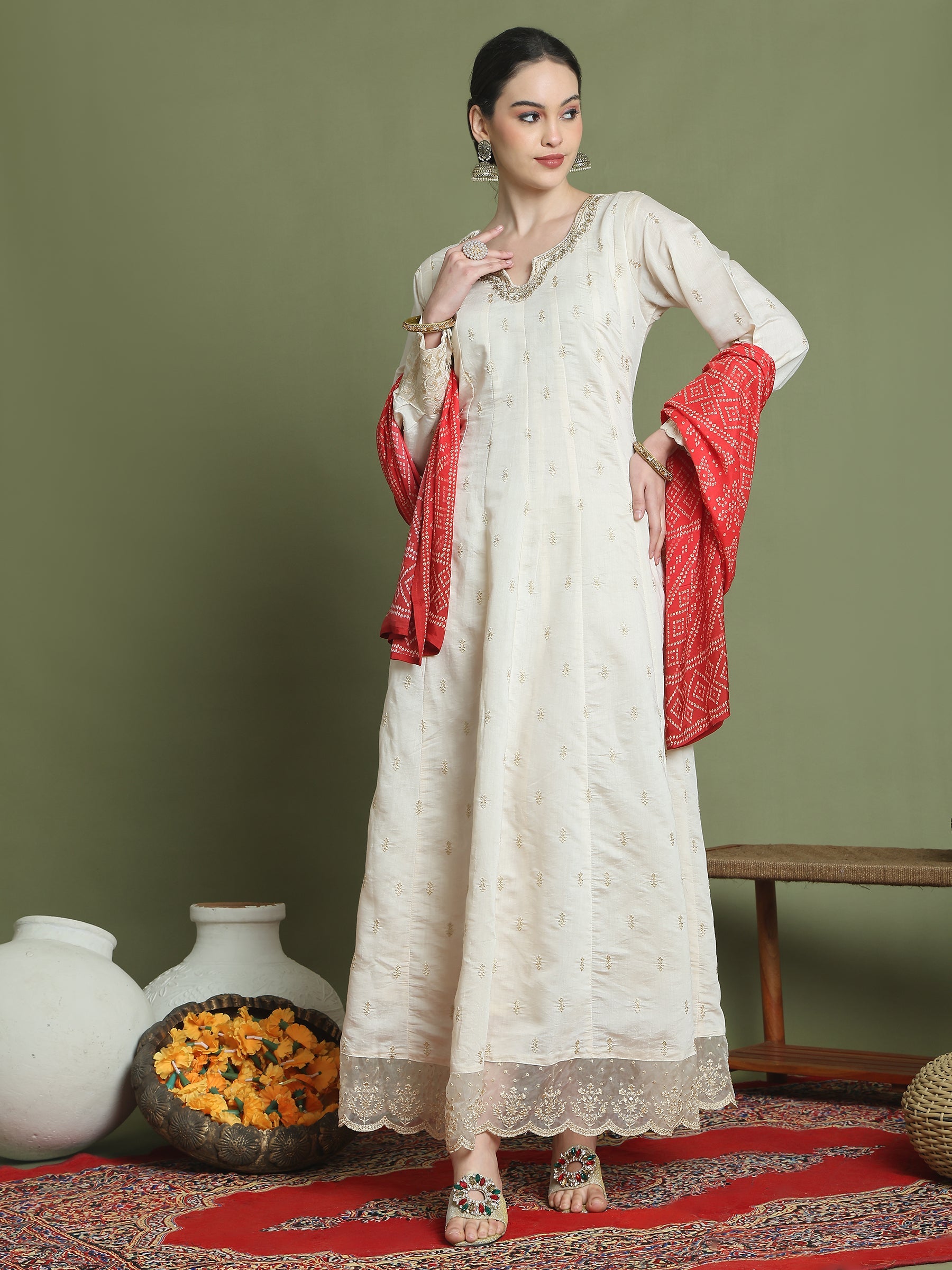Stylee Lifestyle Cream Raw Silk Embroidered Gown Style | Grocsy