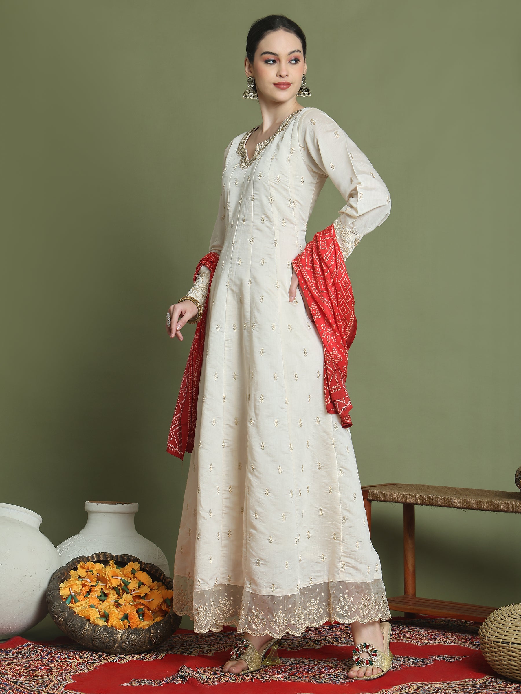 Stylee Lifestyle Cream Raw Silk Embroidered Gown Style | Grocsy