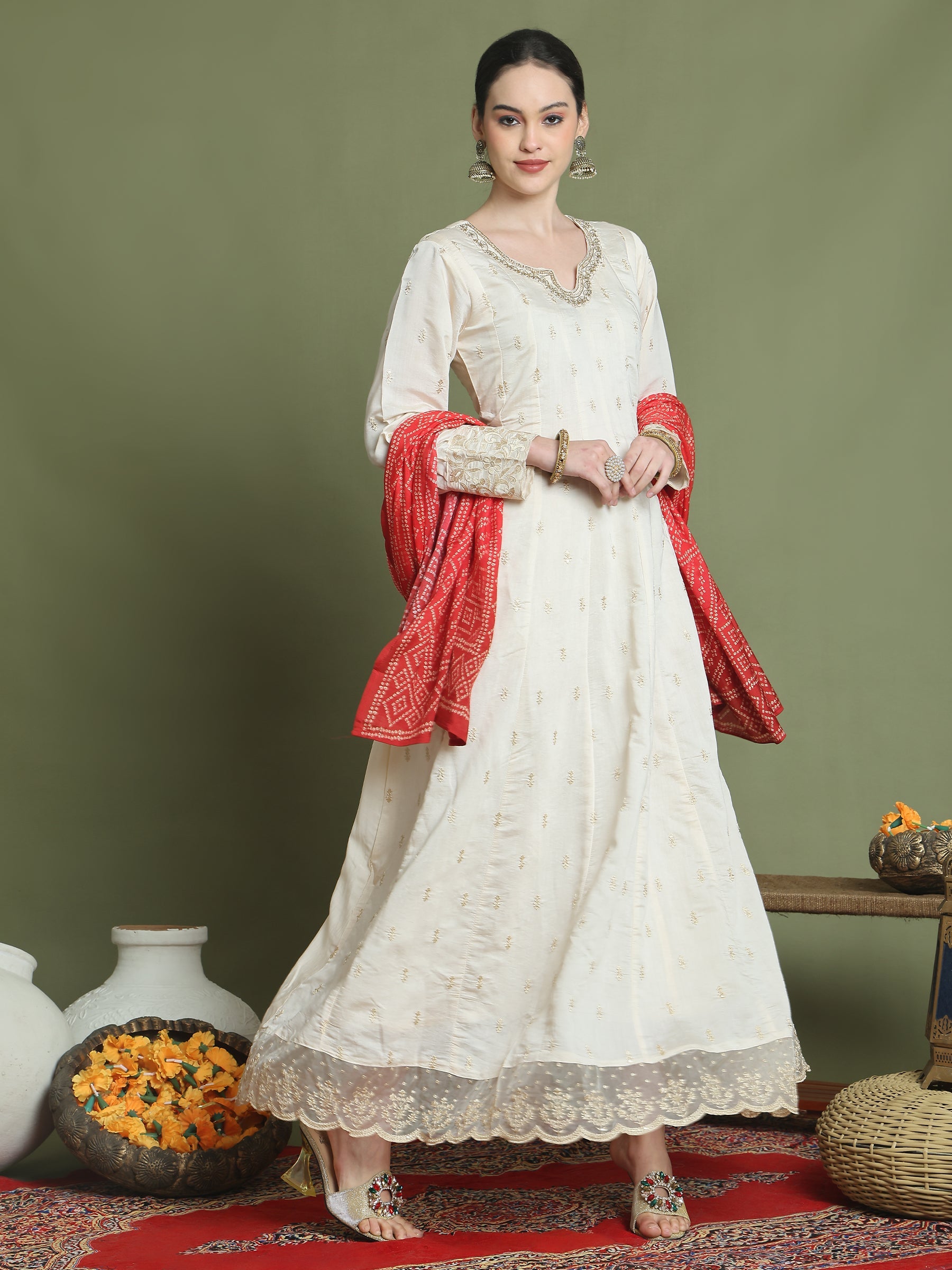 Stylee Lifestyle Cream Raw Silk Embroidered Gown Style | Grocsy
