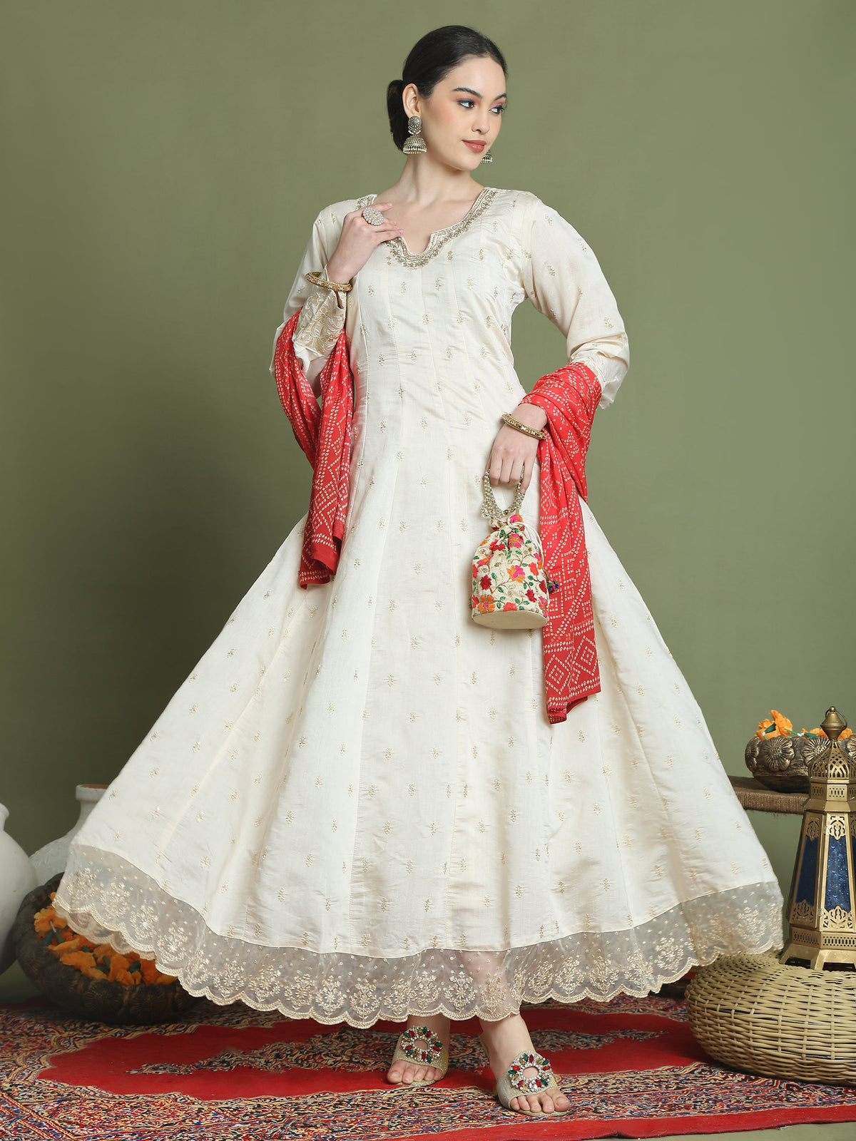 Stylee Lifestyle Cream Raw Silk Embroidered Gown Style | Grocsy