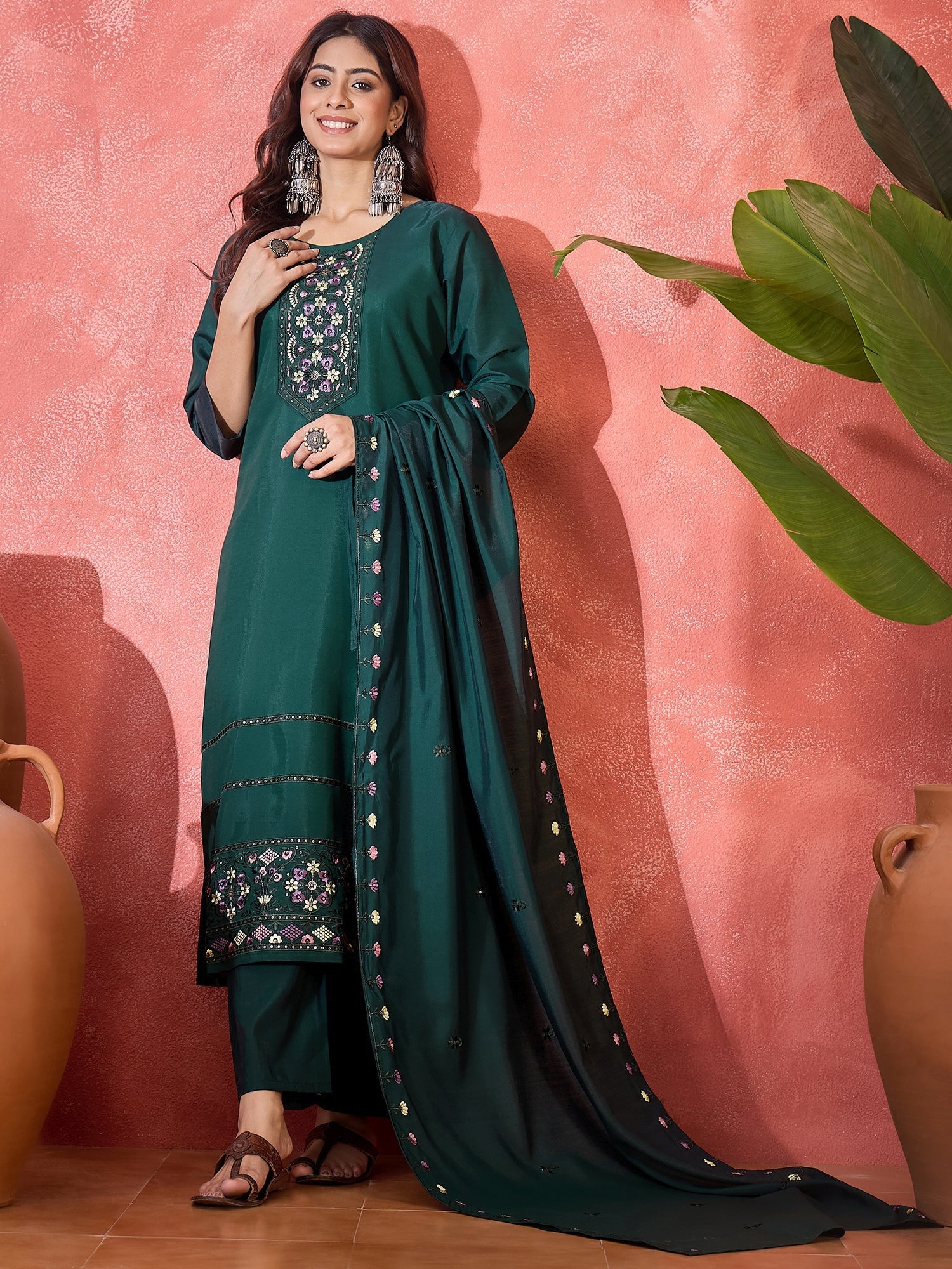 Joban Fashion Green Silk Embroidery Readymade Kurta Set | Grocsy