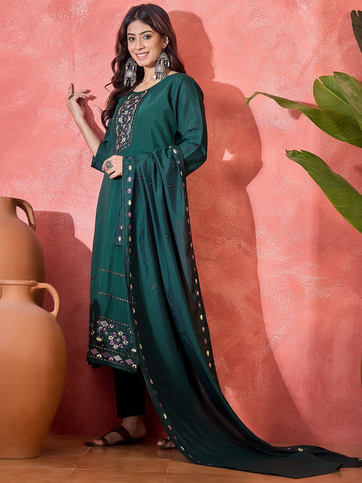 Joban Fashion Green Silk Embroidery Readymade Kurta Set | Grocsy
