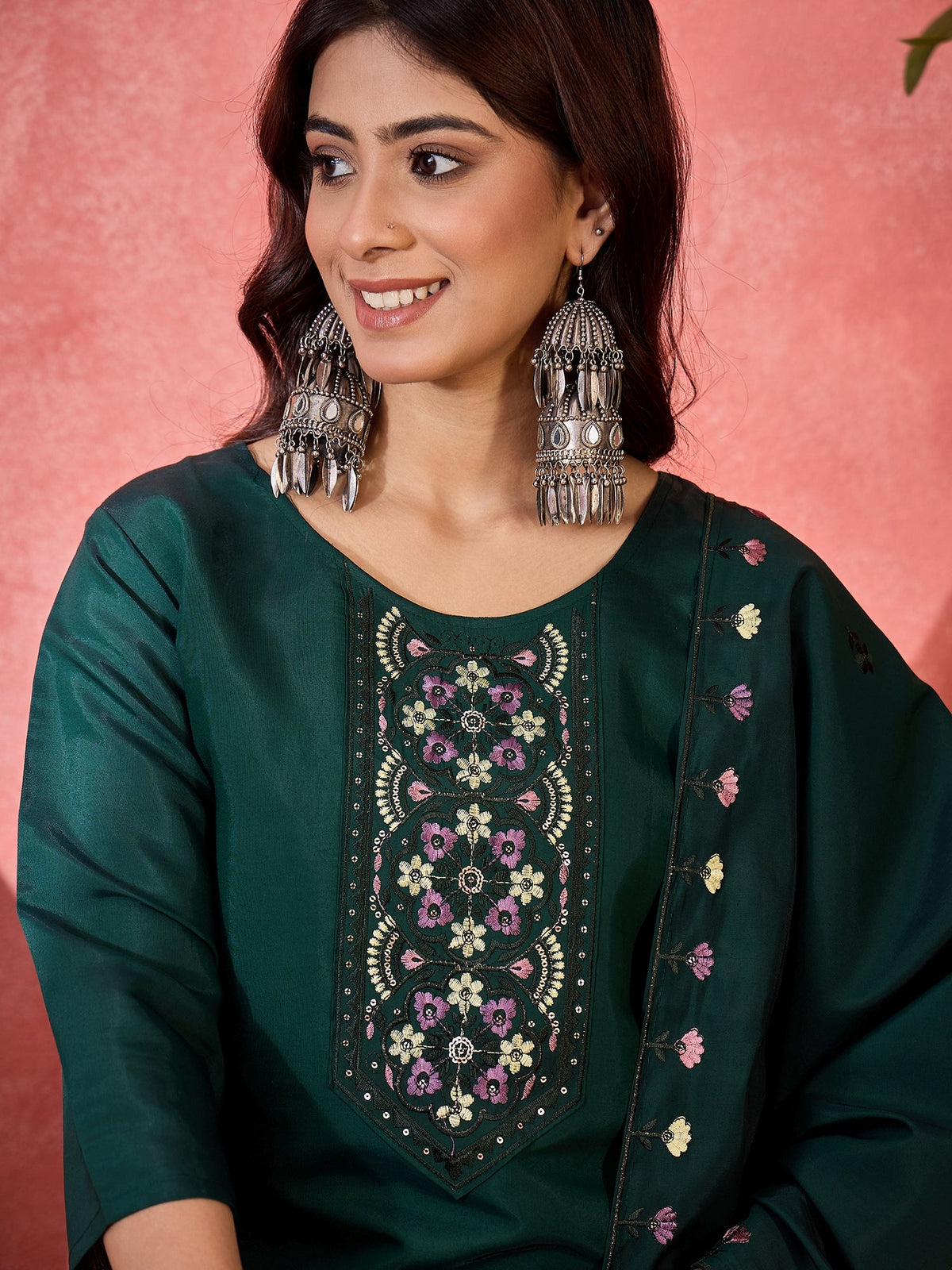 Joban Fashion Green Silk Embroidery Readymade Kurta Set | Grocsy