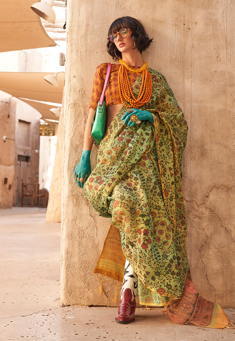 Monjolika Fashion Stunning Light Green Colour Printed Tissue Designer Saree | Grocsy