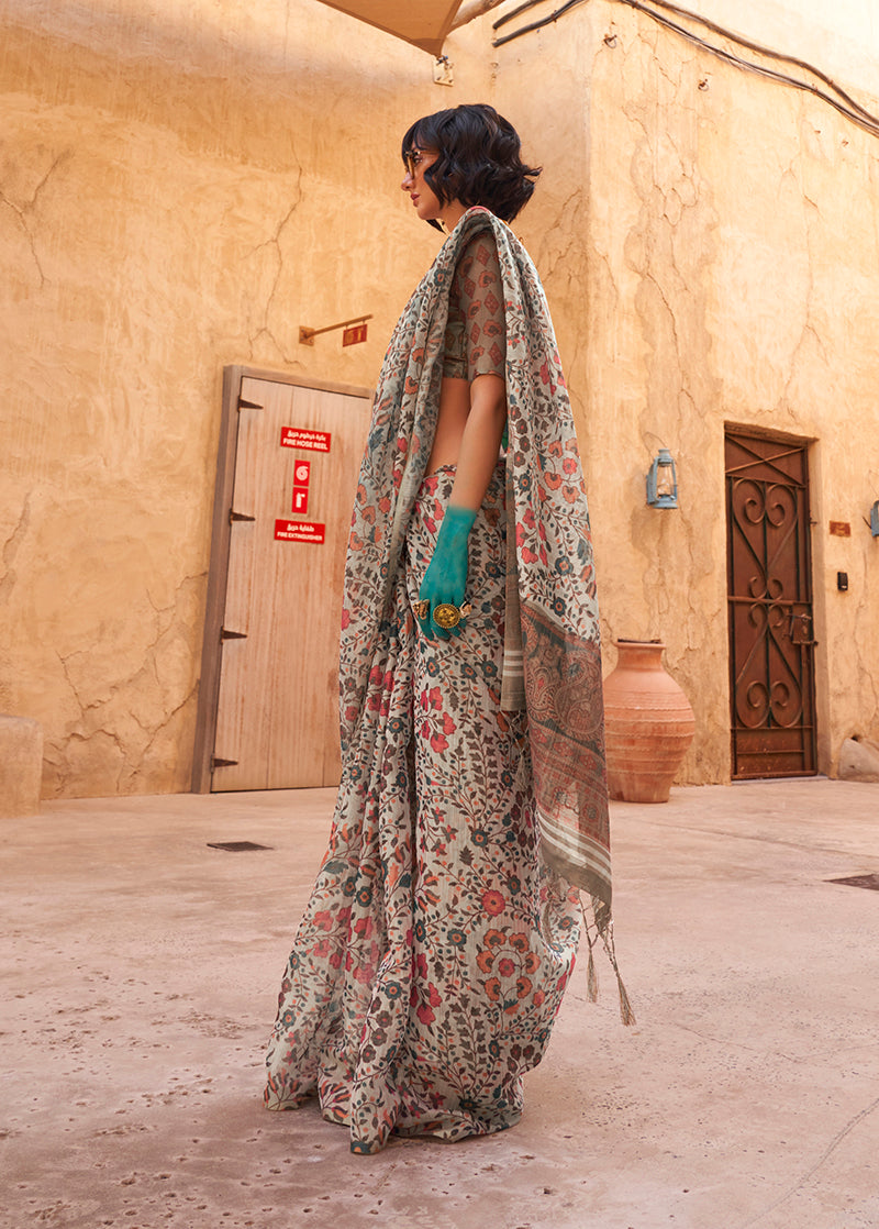 Monjolika Fashion Stunning Light Grey Colour Printed Tissue Designer Saree | Grocsy