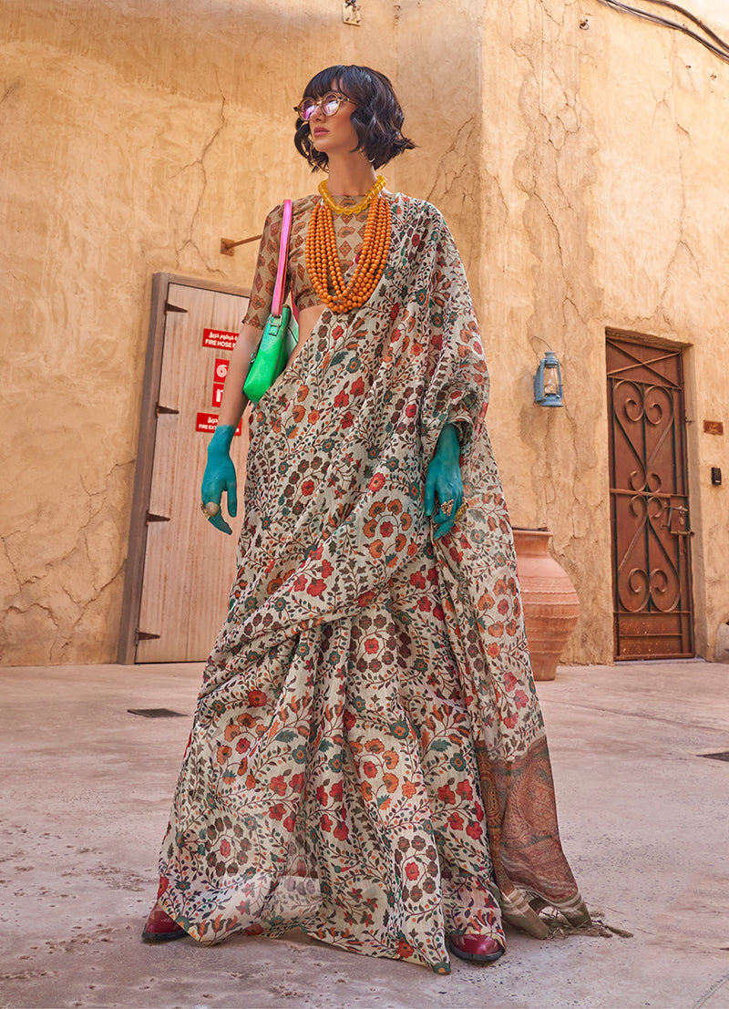 Monjolika Fashion Stunning Light Grey Colour Printed Tissue Designer Saree | Grocsy