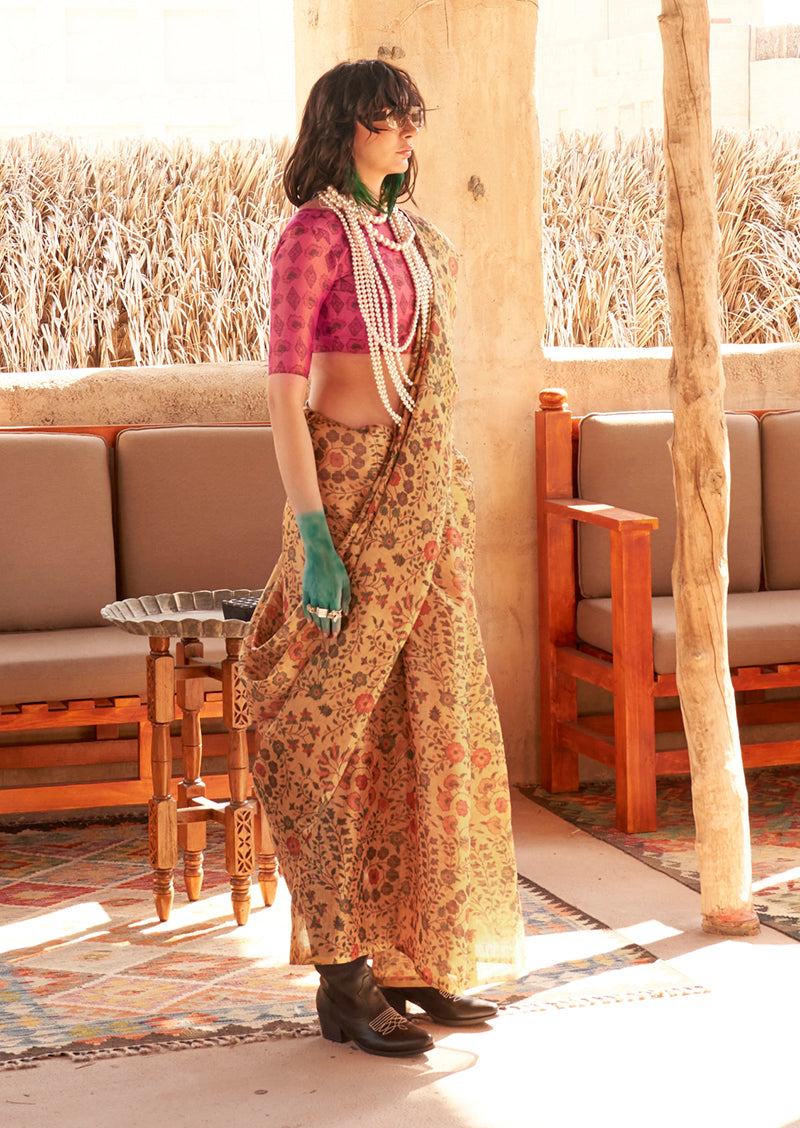 Monjolika Fashion Stunning Mustard Colour Printed Tissue Designer Saree | Grocsy